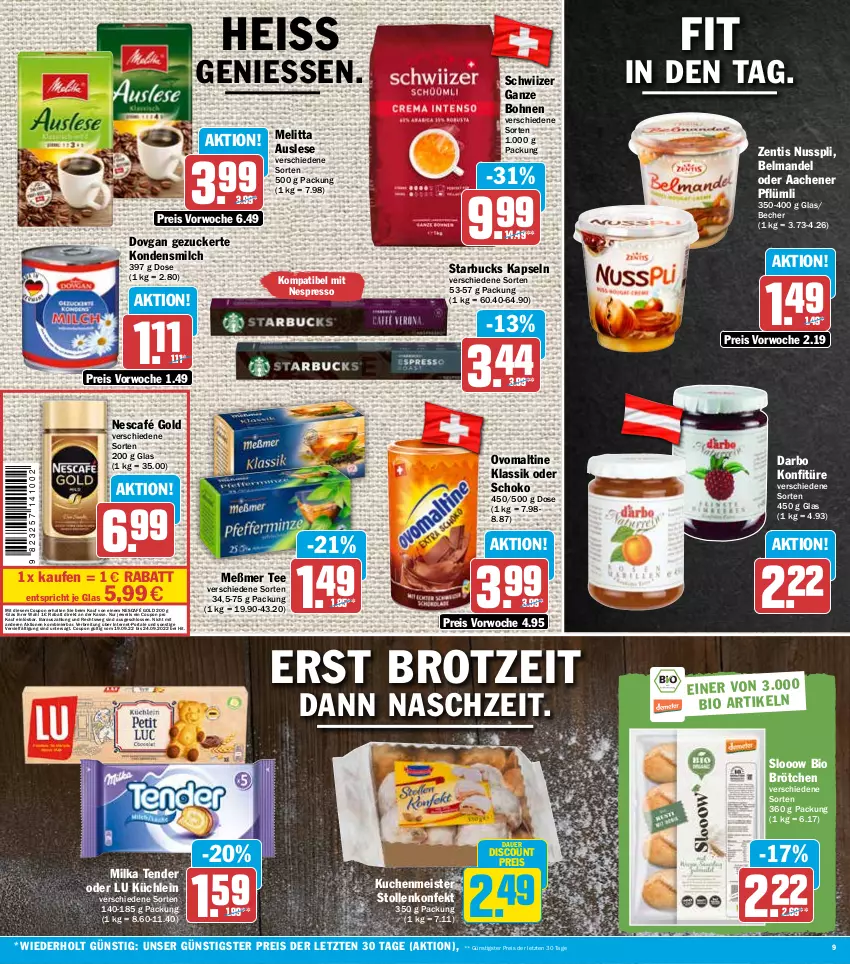 Aktueller Prospekt Hit - Prospekte - von 19.09 bis 24.09.2022 - strona 9 - produkty: auer, Becher, Belmandel, bio, bohne, bohnen, Brei, brot, brötchen, coupon, darbo, discount, dovgan, eis, espresso, kondensmilch, konfitüre, kuchen, kuchenmeister, mandel, Meister, melitta, Meßmer, milch, milka, Nescafé, nescafé gold, nespresso, nuss, nusspli, ovomaltine, reis, schoko, starbucks, Stollen, tee, tender, Ti, zentis, ZTE, zucker