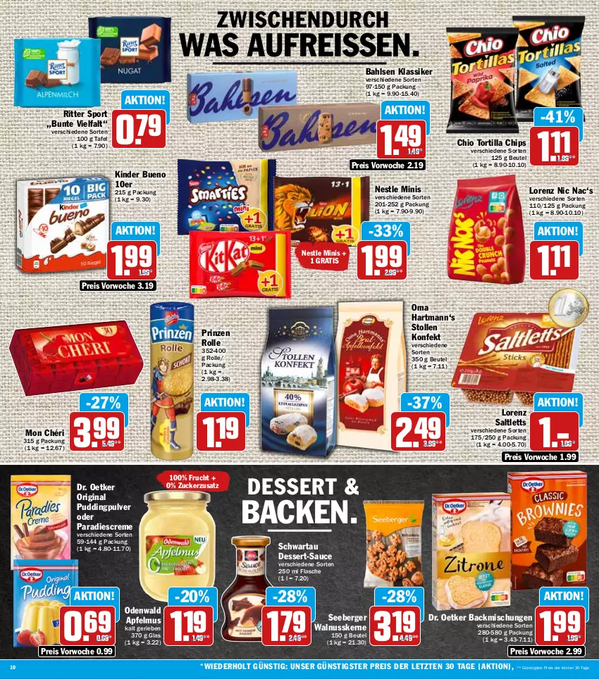 Aktueller Prospekt Hit - Prospekte - von 26.09 bis 01.10.2022 - strona 10 - produkty: apfel, apfelmus, backmischung, Backmischungen, bahlsen, Berger, beutel, chips, creme, dessert, Dr. Oetker, eis, flasche, frucht, gin, Hartmann, Kinder, kinder bueno, lorenz, Mon Chéri, nuss, odenwald, prinzen rolle, pudding, reis, reiss, ritter, ritter sport, saltletts, sauce, Schwartau, seeberger, Sport, Stollen, Ti, tortilla, Tortilla Chips, walnuss, walnusskerne, ZTE, zucker