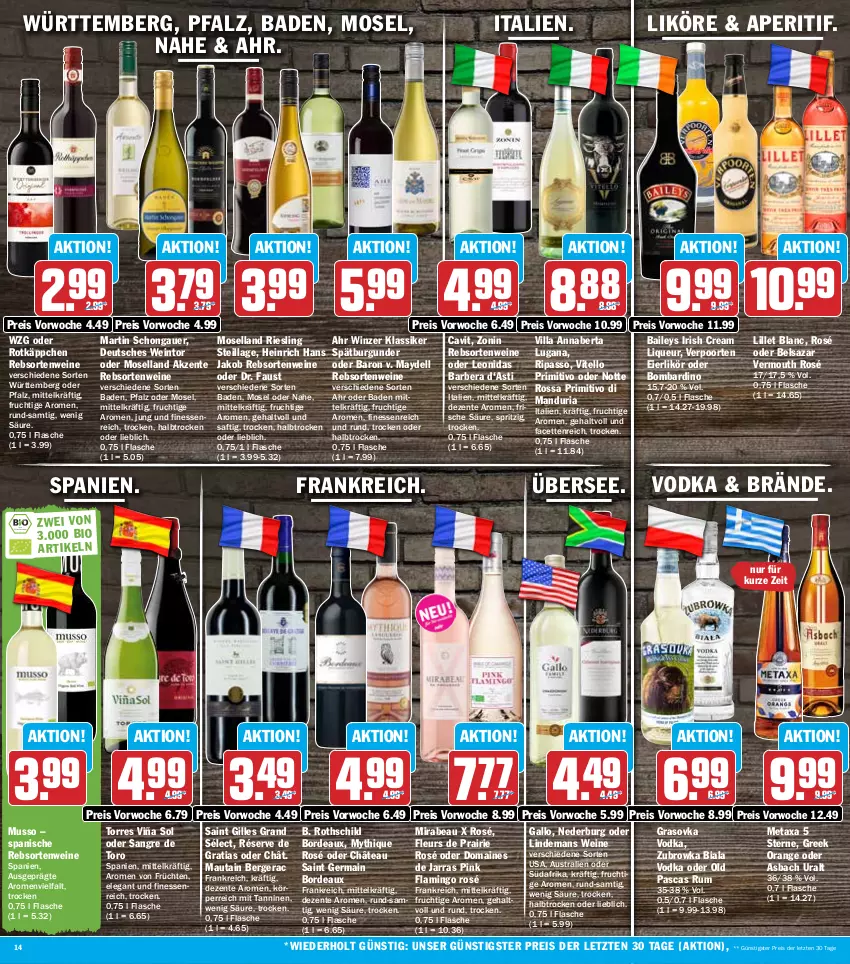 Aktueller Prospekt Hit - Prospekte - von 26.09 bis 01.10.2022 - strona 14 - produkty: aperitif, asbach uralt, asti, auer, aust, Bad, baileys, Belsazar, Berger, burgunder, dell, eier, eierlikör, eis, ente, finesse, flasche, frucht, früchte, früchten, gallo, Germ, irish cream, jako, likör, lillet, liqueur, Metaxa, moselland, nederburg, orange, passo, primitivo, rebsortenweine, reis, Ria, riesling, rotkäppchen, rum, saft, spätburgunder, Ti, Vermouth, verpoorten, vodka, wein, weine, zonin, ZTE