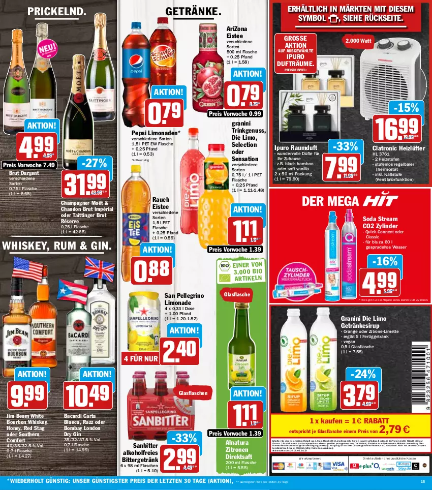 Aktueller Prospekt Hit - Prospekte - von 26.09 bis 01.10.2022 - strona 15 - produkty: alkohol, bacardi, bamboo, bourbon, bourbon whiskey, Brei, brut, brut dargent, champagne, champagner, coupon, coupons, direktsaft, dry gin, eis, eistee, elle, flasche, getränk, getränke, getränkesirup, gin, glasflasche, granini, granini die limo, Ipuro, jim beam, lack, limette, limo, limonade, limonaden, london dry, london dry gin, Mett, natur, natura, nuss, orange, pepsi, Rauch, Raumduft, reis, Ria, rum, saft, san pellegrino, sirup, Soda, Southern Comfort, Sprudel, tee, thermostat, Ti, Tiere, ventilator, wasser, whiskey, zitrone, zitronen, ZTE