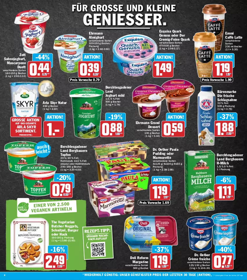 Aktueller Prospekt Hit - Prospekte - von 26.09 bis 01.10.2022 - strona 8 - produkty: almighur, almighurt, arla, arla skyr, auer, bärenmarke, Bau, Bauer, Becher, burger, caffè latte, crème fraîche, deli reform, dessert, Dr. Oetker, ehrmann, ehrmann almighurt, Ehrmann Grand Dessert, eis, emmi, exquisa, joghur, joghurt, joghurt mild, latte, leine, margarine, marmorette, mascarpone, milch, nacho, natur, nuggets, nuss, Paula, paula pudding, pudding, quark, quark genus, quark genuss, reis, Ria, sahne, Sahnejoghurt, schlagsahne, schnitzel, Skyr, The Vegetarian Butcher, Ti, topf, Topfen, Vegeta, zott, ZTE