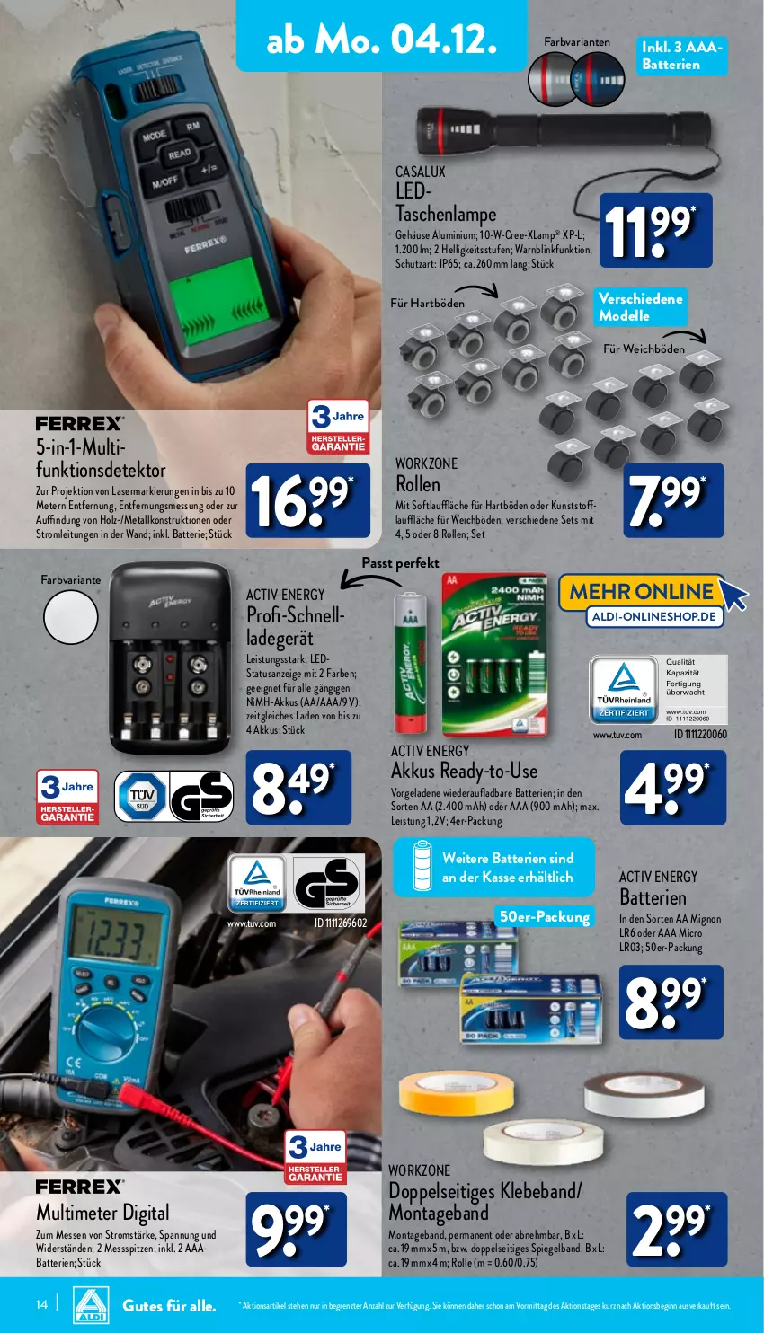 Aktueller Prospekt Aldi Nord - Von Montag - von 04.12 bis 09.12.2023 - strona 14 - produkty: akku, aldi, batterie, batterien, Beba, dell, eis, elle, gin, Holz, ladegerät, Lampe, leds, Mode, NiMH-Akkus, Ria, spiegel, Tasche, taschen, taschenlampe, Ti, ZTE