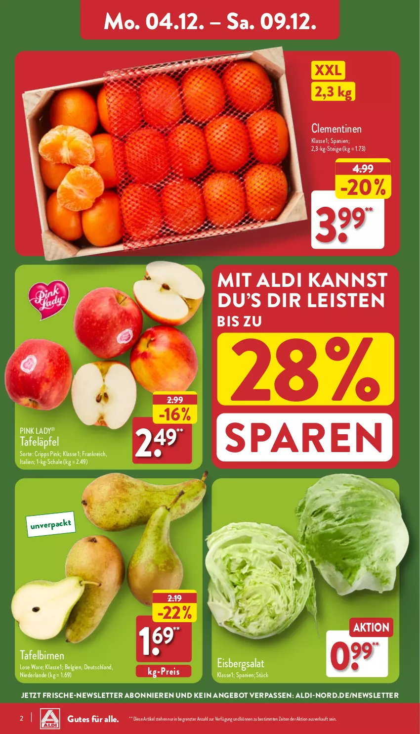 Aktueller Prospekt Aldi Nord - Von Montag - von 04.12 bis 09.12.2023 - strona 2 - produkty: aldi, angebot, Birnen, clementinen, eis, eisbergsalat, LG, Pink Lady, reis, salat, Schal, Schale, tafeläpfel, tafelbirnen, Ti, ZTE