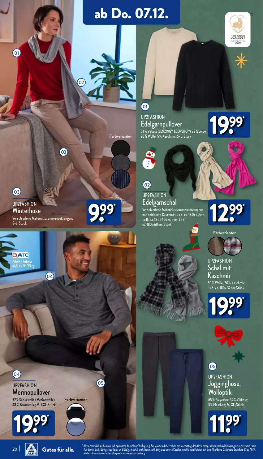 Aktueller Prospekt Aldi Nord - Von Montag - von 04.12 bis 09.12.2023 - strona 20 - produkty: aldi, Bau, baumwolle, cashmere, ecovero, gin, hose, Jogginghose, lenzing, LG, Pullover, Ria, Schal, Ti, up2fashion, wolle, ZTE