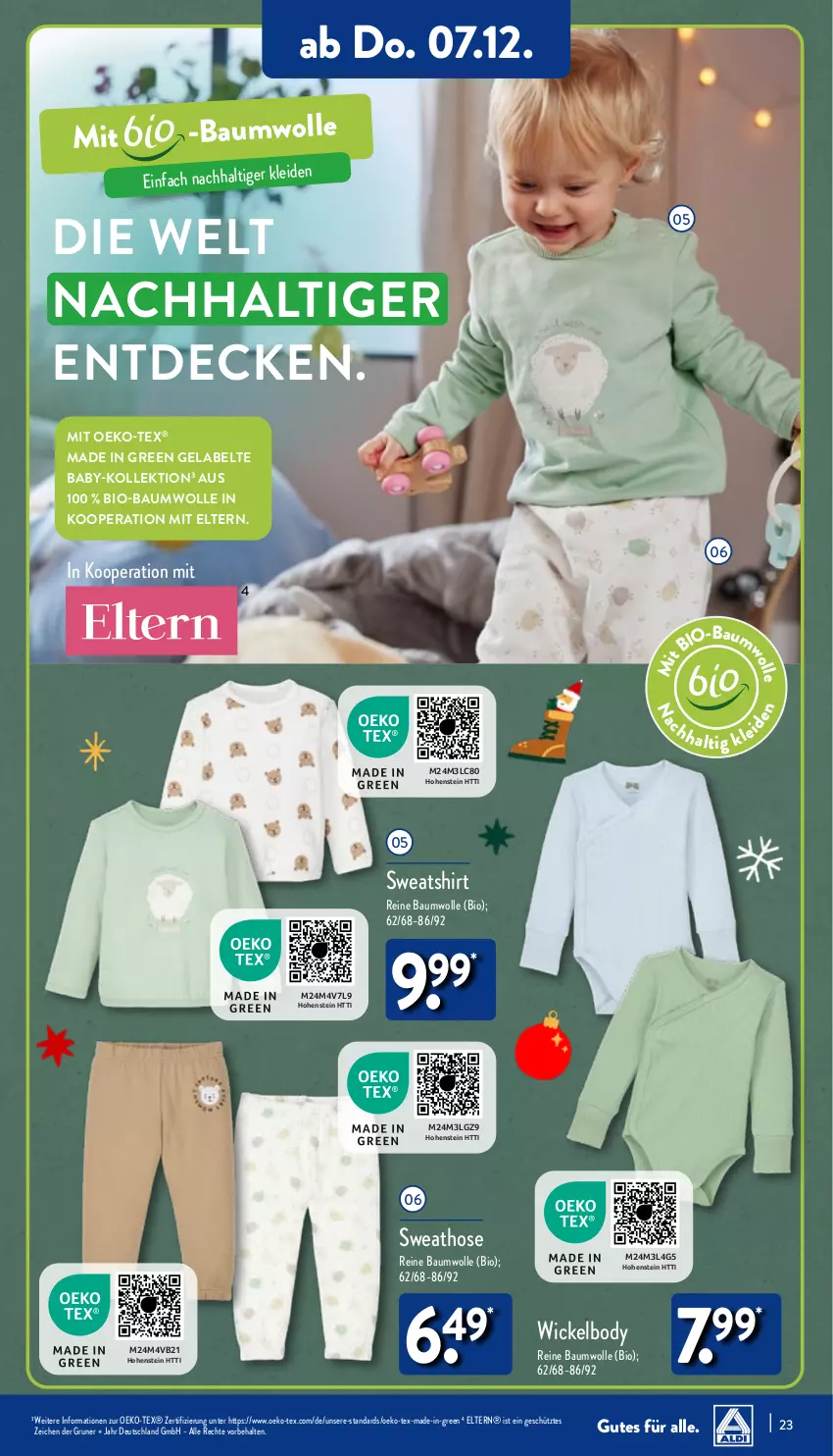 Aktueller Prospekt Aldi Nord - Von Montag - von 04.12 bis 09.12.2023 - strona 23 - produkty: Bau, baumwolle, bio, bio-baumwolle, body, decke, hohenstein, hose, LG, reine baumwolle, shirt, Sweathose, Sweatshirt, Ti, WICK, Wickelbody, wolle, ZTE