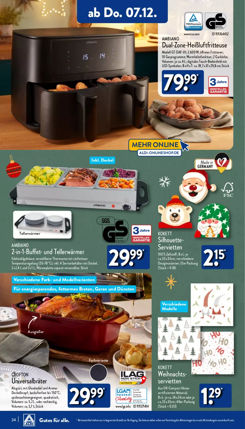 Aktueller Prospekt Aldi Nord - Von Montag - von 04.12 bis 09.12.2023 - strona 24 - produkty: aldi, ambia, backofen, Behälter, braten, Crofton, decke, Deckel, dell, edelstahl, elle, fritteuse, Germ, gin, Glasdeckel, Heißluftfritteuse, latte, LG, Mode, Ofen, quad, Ria, rwe, Serviette, servietten, spülmaschinen, teller, thermostat, Ti, Tiere, tisch, ZTE