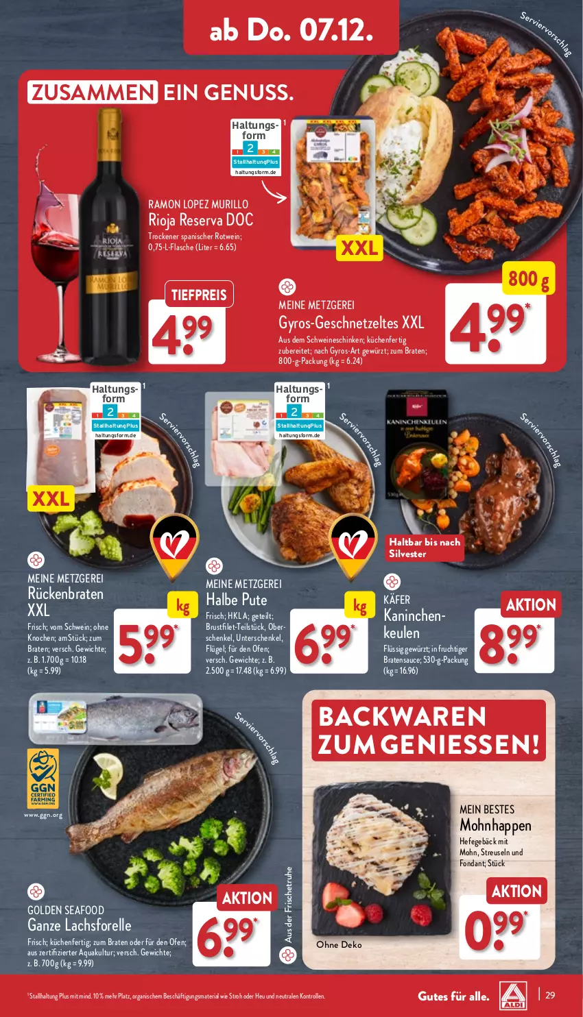 Aktueller Prospekt Aldi Nord - Von Montag - von 04.12 bis 09.12.2023 - strona 29 - produkty: aqua, backwaren, braten, brustfilet, eis, elle, filet, flasche, forelle, frucht, geschnetzeltes, gewürz, gyros, Hefe, henkel, Heu, käfer, küche, Küchen, lachs, nuss, Ofen, pute, reis, rel, Ria, rioja, rotwein, Rückenbraten, sauce, schenkel, schinken, schwein, schweine, Ti, tiefpreis, wein, weine, Zelt