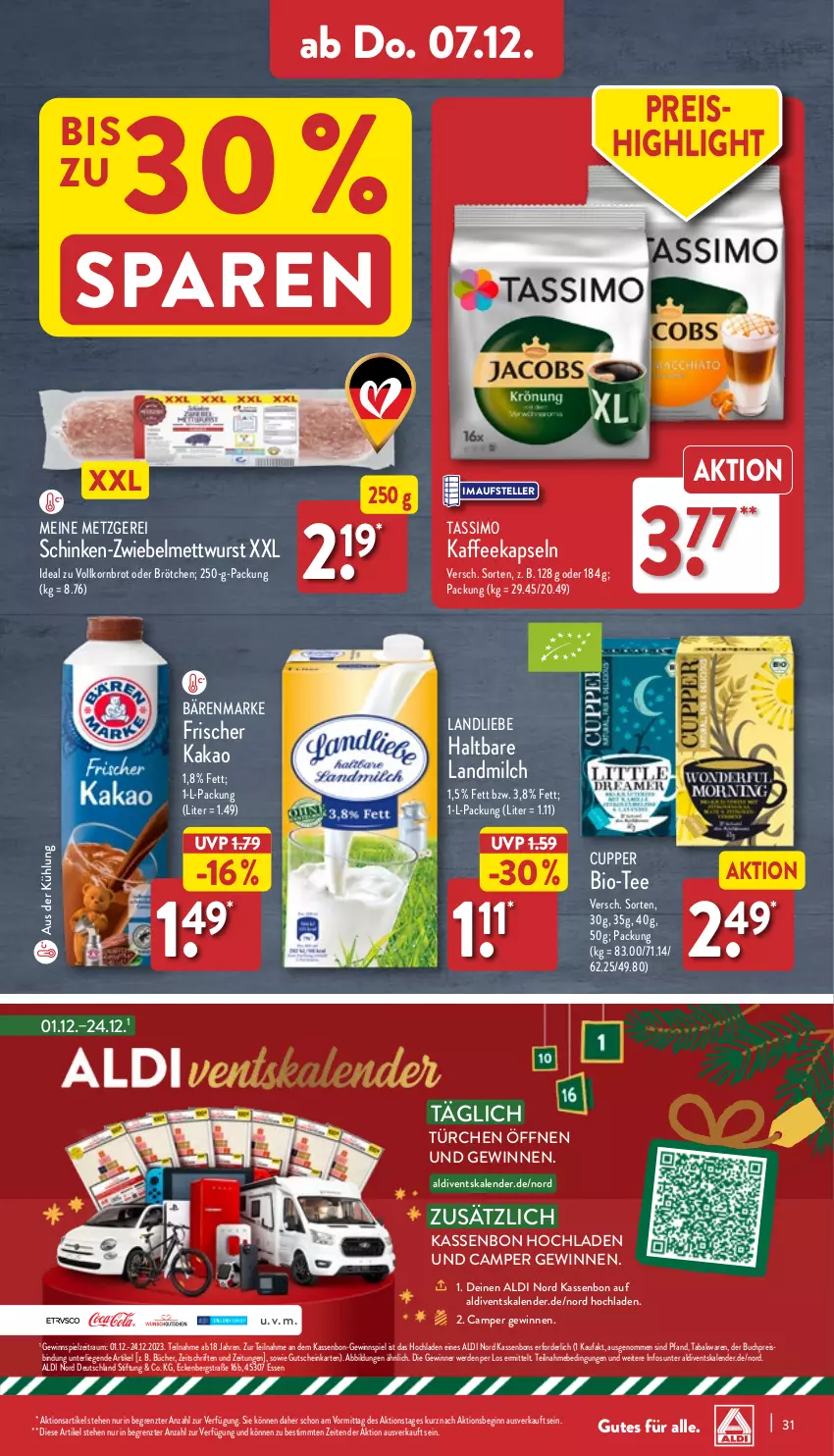 Aktueller Prospekt Aldi Nord - Von Montag - von 04.12 bis 09.12.2023 - strona 31 - produkty: aldi, bärenmarke, bio, brot, brötchen, buch, eis, elle, erde, gewinnspiel, gin, gutschein, HP, kaffee, kaffeekapseln, kakao, korn, Kornbrot, landliebe, landmilch, Liege, Mett, mettwurst, milch, reis, schinken, sim, tassimo, tee, teller, Ti, vollkornbrot, wurst, ZTE, zwiebel