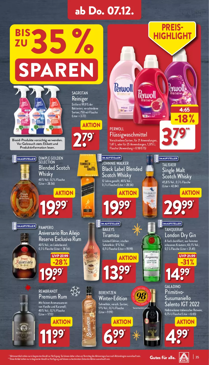 Aktueller Prospekt Aldi Nord - Von Montag - von 04.12 bis 09.12.2023 - strona 35 - produkty: amaro, baileys, berentzen, beutel, bio, black label, blended scotch, blended scotch whisky, brandt, dry gin, eis, elle, flasche, gin, johnnie walker, karamell, kräuter, kräutern, lack, likör, london dry, london dry gin, Nuance, perwoll, primitivo, Rauch, reiniger, reis, rotwein, rum, rwe, sagrotan, sahne, scotch, scotch whisky, single malt, Tanqueray, teller, Ti, tiramisu, vanille, waschmittel, wein, whisky, ZTE