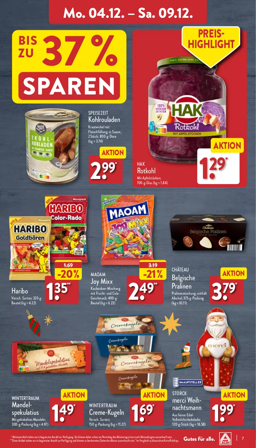 Aktueller Prospekt Aldi Nord - Von Montag - von 04.12 bis 09.12.2023 - strona 7 - produkty: alkohol, apfel, Belgische Pralinen, beutel, chips, cola, creme, eis, elle, fleisch, frucht, gin, haribo, kartoffel, kartoffelchips, Kohlrouladen, Kraut, Kugel, LG, mac, mandel, mandeln, maoam, merci, milch, mit frucht, pralinen, reis, rotkohl, rouladen, sauce, schoko, schokolade, storck, teller, Ti, vollmilch, WICK, ZTE