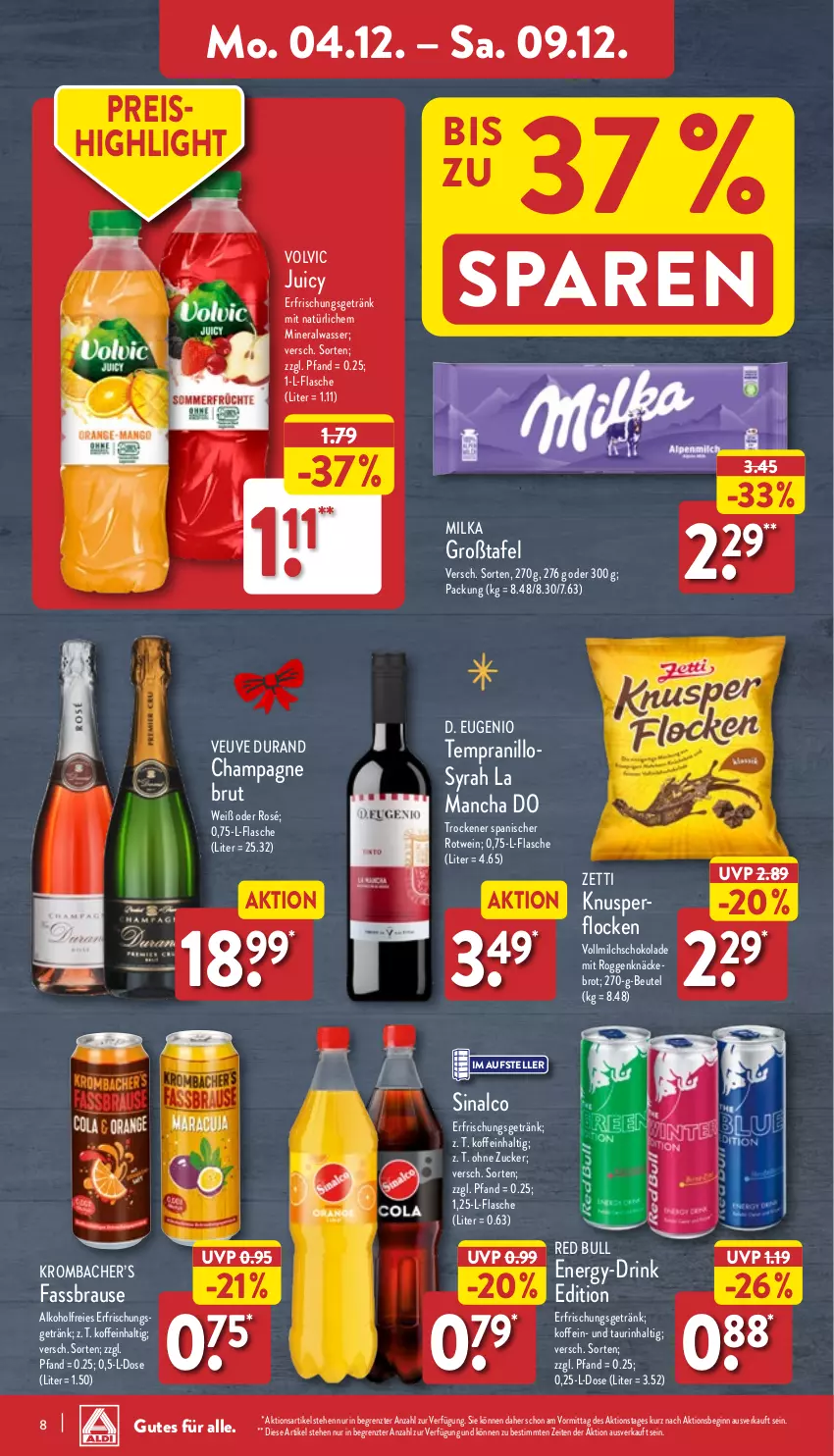 Aktueller Prospekt Aldi Nord - Von Montag - von 04.12 bis 09.12.2023 - strona 8 - produkty: alkohol, Alwa, beutel, brause, brot, brut, champagne, drink, eis, elle, erfrischungsgetränk, fassbrause, flasche, getränk, gin, krombache, krombacher, milch, milka, mineralwasser, red bull, reis, rotwein, schoko, schokolade, sinalco, teller, tempranillo, Ti, vollmilch, volvic, wasser, wein, ZTE, zucker