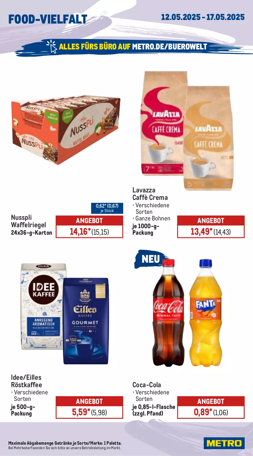 Aktueller Prospekt Metro - Wochen-Angebote - von 12.05 bis 17.05.2025 - strona 12 - produkty: angebot, bohne, bohnen, caffè crema, coca-cola, cola, flasche, getränk, getränke, kaffee, lavazza, Metro, nuss, nusspli, Palette, riegel, röstkaffee