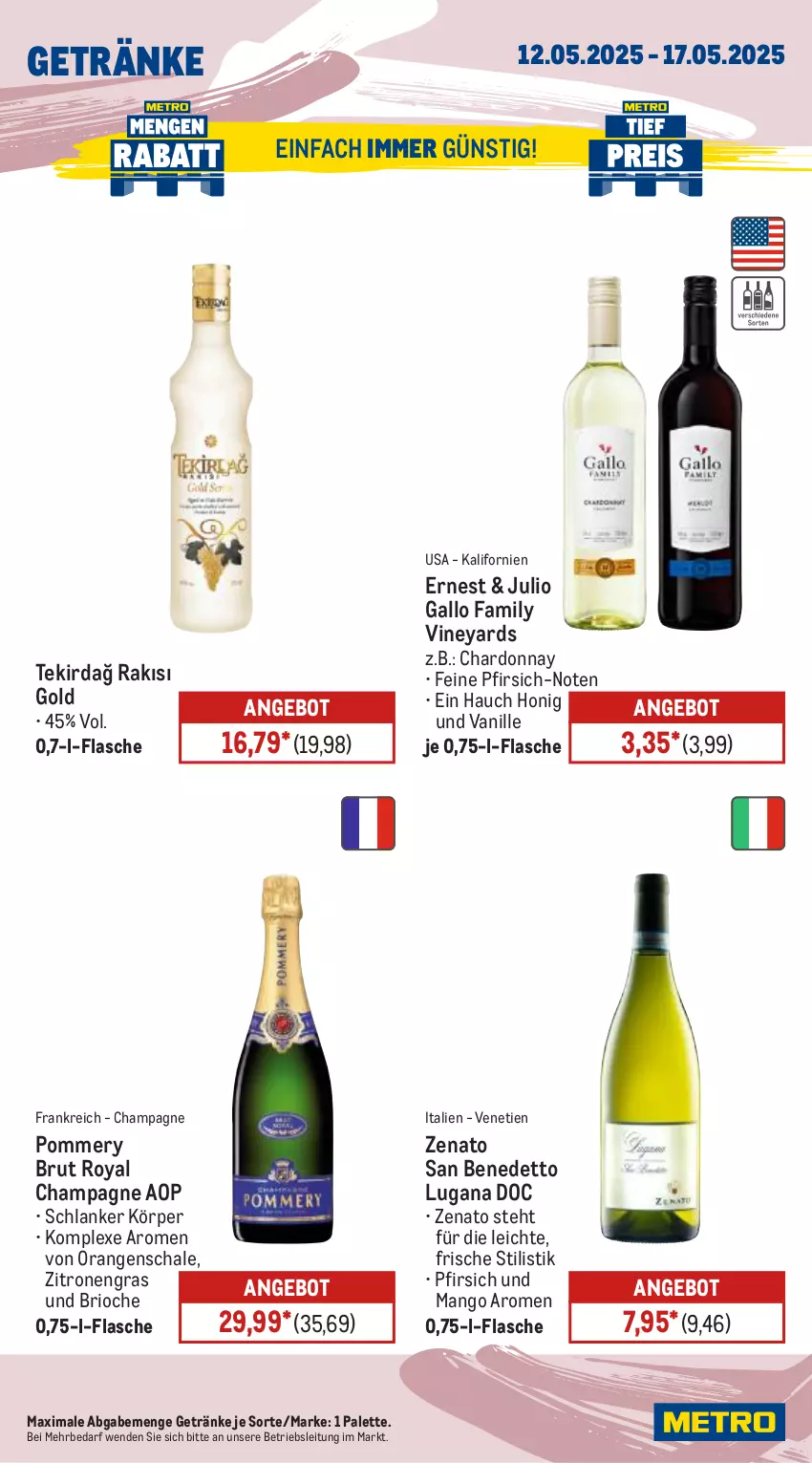 Aktueller Prospekt Metro - Wochen-Angebote - von 12.05 bis 17.05.2025 - strona 14 - produkty: angebot, brut, champagne, chardonnay, flasche, gallo, gallo family, getränk, getränke, honig, mango, orange, orangen, Palette, pfirsich, Schal, Schale, Ti, vanille, zitrone, zitronen