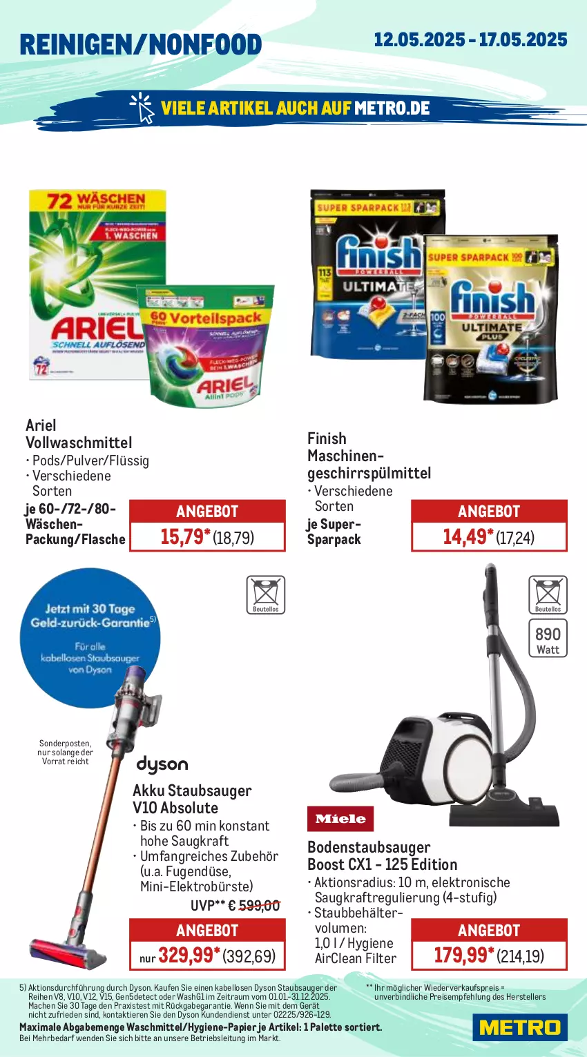 Aktueller Prospekt Metro - Wochen-Angebote - von 12.05 bis 17.05.2025 - strona 15 - produkty: akku, angebot, ariel, Behälter, bodenstaubsauger, bürste, Dyson, eis, Elektro, elle, Finish, flasche, geschirr, geschirrspülmittel, kraft, mac, Metro, Palette, papier, Pods, reis, sonderposten, spülmittel, staubsauger, teller, Ti, Tiere, vollwaschmittel, waschmittel