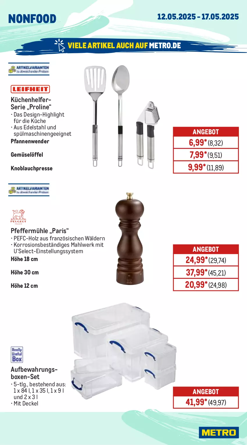 Aktueller Prospekt Metro - Wochen-Angebote - von 12.05 bis 17.05.2025 - strona 21 - produkty: angebot, aufbewahrungsbox, decke, Deckel, edelstahl, Holz, HP, knoblauch, Knoblauchpresse, küche, Küchen, Küchenhelfer, LG, Löffel, Metro, pfanne, pfannen, Pfannenwender, pfeffer, Pfeffermühle, spülmaschinen, Ti