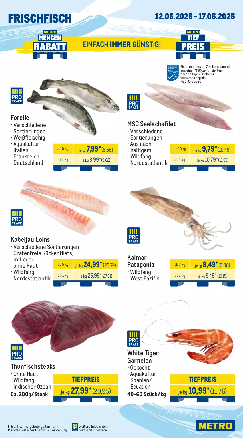 Aktueller Prospekt Metro - Wochen-Angebote - von 12.05 bis 17.05.2025 - strona 5 - produkty: Abtei, angebot, angebote, aqua, eis, elle, filet, filets, fisch, fische, Fischer, fleisch, forelle, frischfisch, garnelen, lachs, lachsfilet, Metro, reis, rel, Schere, seelachsfilet, steak, steaks, thunfisch, Ti, tiefpreis, Wild