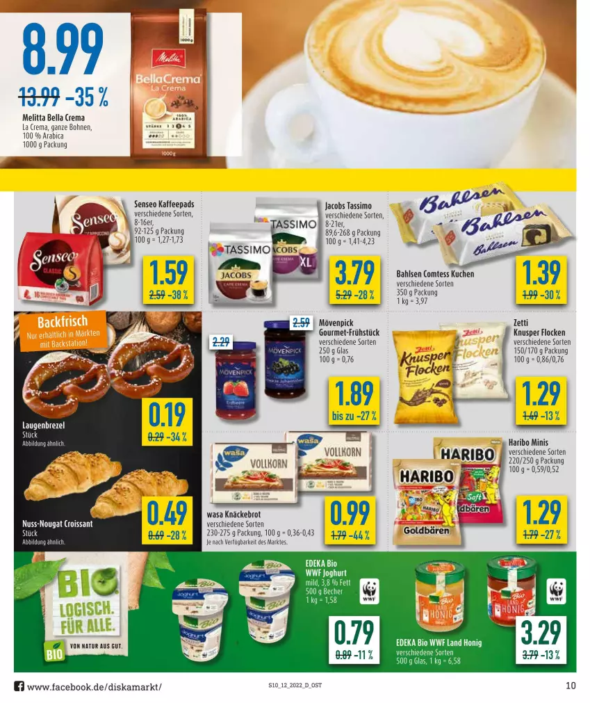 Aktueller Prospekt Diska - Prospekte - von 21.03 bis 26.03.2022 - strona 10 - produkty: bahlsen, Becher, bio, bohne, bohnen, brezel, brot, comtess, comtess kuchen, Croissant, deka, edeka bio, haribo, jacobs, jacobs tassimo, kaffee, kaffeepads, knäckebrot, kuchen, Laugenbrezel, melitta, natur, nuss, senseo, sim, tassimo, Ti, wasa