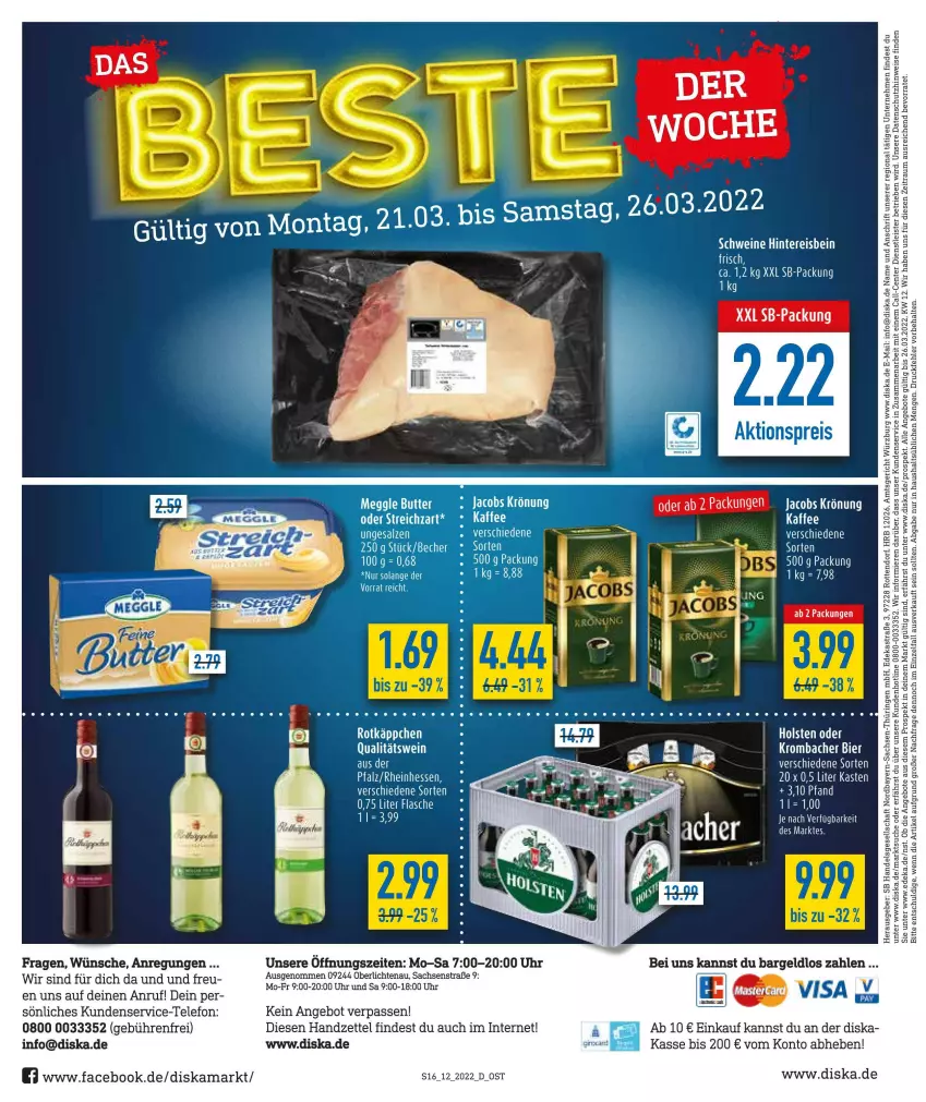 Aktueller Prospekt Diska - Prospekte - von 21.03 bis 26.03.2022 - strona 16 - produkty: angebot, angebote, Astra, bier, deka, eis, ente, flasche, holsten, kaffee, krombache, krombacher, reis, rel, ring, sac, schwein, schweine, tee, telefon, Ti, uhr, wein, weine, Yo