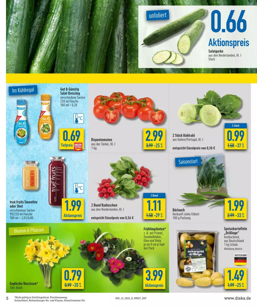 Aktueller Prospekt Diska - Prospekte - von 21.03 bis 26.03.2022 - strona 5 - produkty: aktionspreis, burger, dressing, eis, fisch, flasche, gurke, kartoffel, kartoffeln, kohlrabi, Narzissen, radieschen, reis, rispentomaten, salat, Salatgurke, Schal, Schale, smoothie, speisekartoffeln, Ti, tomate, tomaten, topf, true fruits