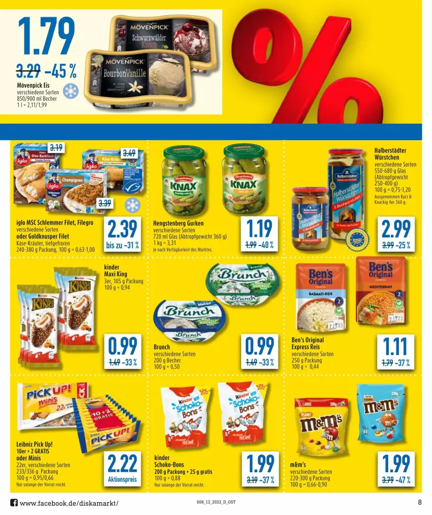 Aktueller Prospekt Diska - Prospekte - von 21.03 bis 26.03.2022 - strona 8 - produkty: Becher, Ben’s Original, eis, filegro, filet, gin, gurke, gurken, hengstenberg, Hengstenberg Gurken, iglo, Käse, Kinder, Kinder Maxi, kinder maxi king, kräuter, leibniz, mövenpick, mövenpick eis, Pick Up!, reis, schoko, schoko-bons, Ti, würstchen