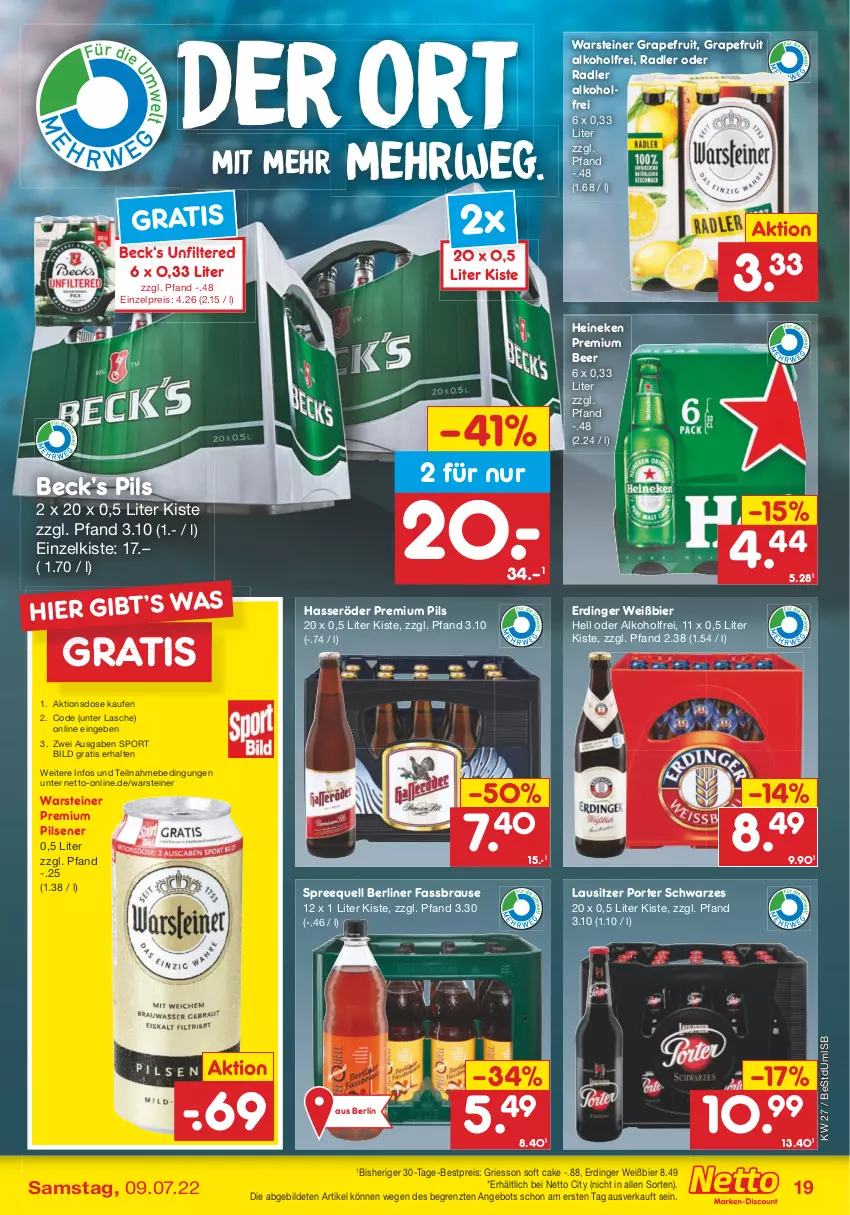 Aktueller Prospekt Netto Marken-Discount - Filial-Angebote - von 04.07 bis 09.07.2022 - strona 19 - produkty: alkohol, angebot, berliner, bestpreis, bier, brause, eis, erdinger, fassbrause, grapefruit, griesson, hasseröder, heineken, oder radler, pils, pilsener, premium pils, radler, reis, rwe, Sport, Spreequell, steiner, Ti, warsteiner, ZTE