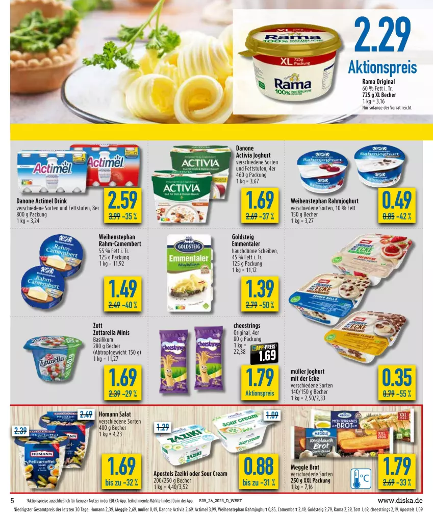 Aktueller Prospekt Diska - Prospekte - von 26.06 bis 01.07.2023 - strona 5 - produkty: actimel, actimel drink, activia, activia joghurt, aktionspreis, apostels, basilikum, Becher, brot, camembert, danone, danone actimel drink, danone activia, deka, drink, eis, emmentaler, gin, goldsteig, homann, joghur, joghurt, joghurt mit der ecke, meggle, Müller, nuss, rahmjoghurt, rama, reis, rel, ring, salat, sour cream, String, Ti, weihenstephan, zaziki, zott, ZTE