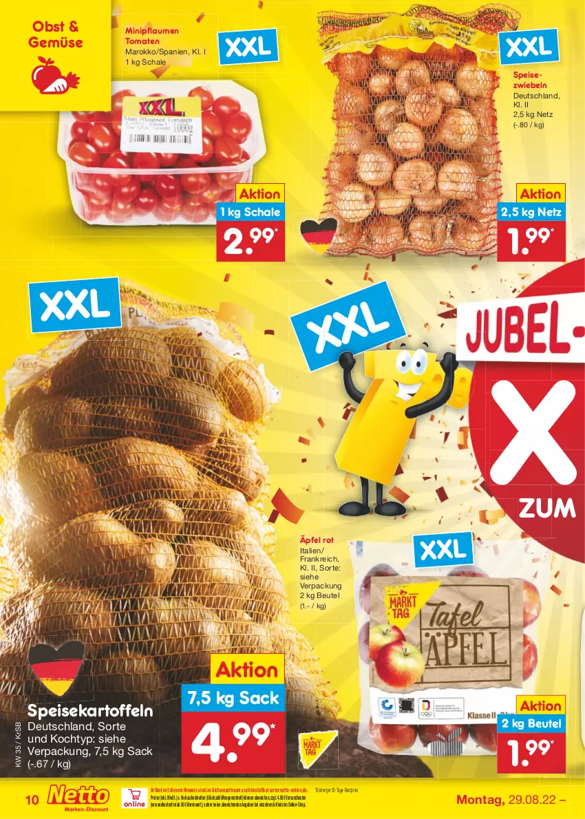 Aktueller Prospekt Netto Marken-Discount - Filial-Angebote - von 29.08 bis 03.09.2022 - strona 10 - produkty: bestpreis, beutel, eis, kartoffel, kartoffeln, ndk, obst, pflaume, pflaumen, reis, sac, Schal, Schale, speisekartoffeln, Speisezwiebeln, Ti, tomate, tomaten, versandkostenfrei, zwiebel, zwiebeln