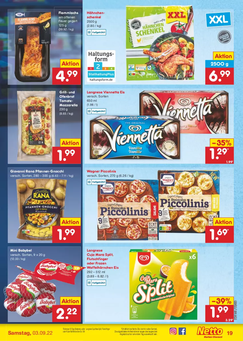 Aktueller Prospekt Netto Marken-Discount - Filial-Angebote - von 29.08 bis 03.09.2022 - strona 19 - produkty: angebot, babybel, bestpreis, brot, eis, giovanni rana, gnocchi, grill, hähnchenschenkel, henkel, hörnchen, lachs, lamm, langnese, mini babybel, mozzarella, Ofen, pfanne, pfannen, piccolinis, Rana, reis, rel, schenkel, Ti, tomate, viennetta, Waffelhörnchen, wagner, ZTE