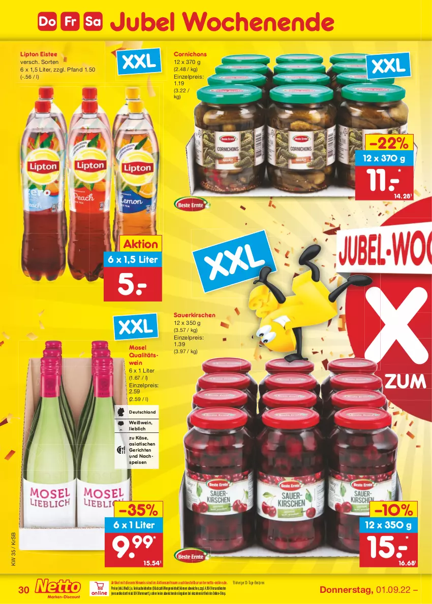 Aktueller Prospekt Netto Marken-Discount - Filial-Angebote - von 29.08 bis 03.09.2022 - strona 30 - produkty: auer, bestpreis, eis, eistee, Käse, kirsch, kirsche, kirschen, lipton, ndk, qualitätswein, reis, sauerkirschen, tee, Ti, tisch, versandkostenfrei, wein, Weißwein