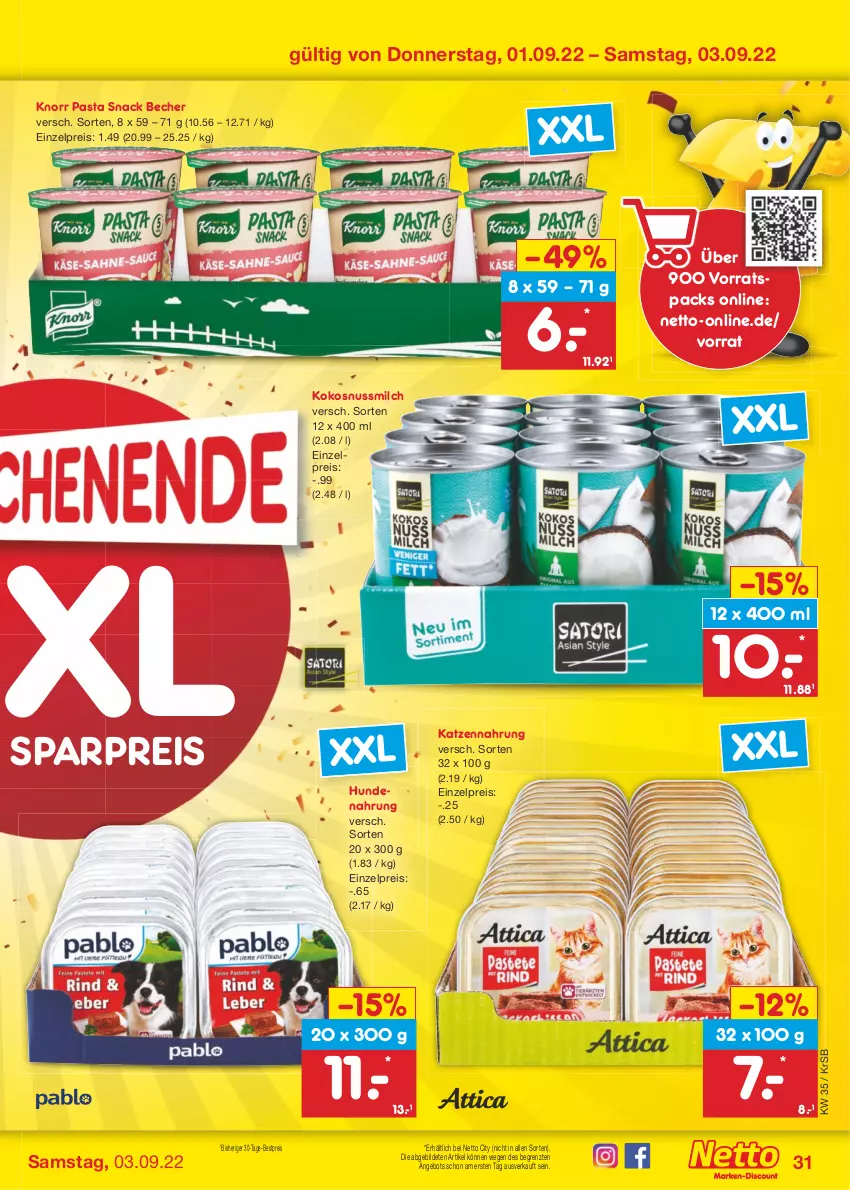 Aktueller Prospekt Netto Marken-Discount - Filial-Angebote - von 29.08 bis 03.09.2022 - strona 31 - produkty: angebot, Becher, bestpreis, eis, hundenahrung, katzennahrung, knorr, knorr pasta, kokos, kokosnuss, Kokosnussmilch, milch, nuss, pasta, pasta snack, reis, snack, Ti, ZTE