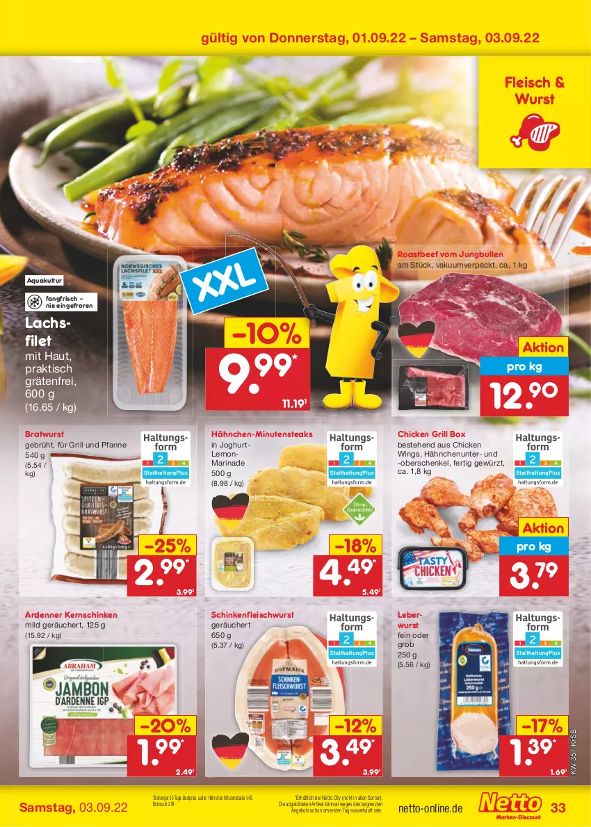 Aktueller Prospekt Netto Marken-Discount - Filial-Angebote - von 29.08 bis 03.09.2022 - strona 33 - produkty: angebot, aqua, beef, bestpreis, bratwurst, chicken wings, eis, filet, fleisch, fleischwurst, für grill und pfanne, gewürz, grill, grill und pfanne, henkel, joghur, joghurt, jungbullen, kernschinken, lachs, lachsfilet, leberwurst, marinade, minutensteaks, pfanne, reis, roastbeef, schenkel, schinken, schinkenfleischwurst, steak, steaks, Ti, tisch, und pfanne, wurst, ZTE