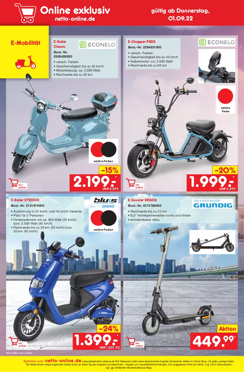 Aktueller Prospekt Netto Marken-Discount - Filial-Angebote - von 29.08 bis 03.09.2022 - strona 45 - produkty: akku, angebot, E-Mobilität, E-Roller, eis, ndk, reifen, reis, Ria, Roller, scooter, Ti, versandkostenfrei, ZTE