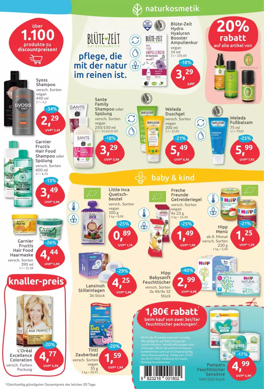 Aktueller Prospekt Budni - Prospekte - von 25.07 bis 30.07.2022 - strona 3 - produkty: Bad, balsam, beutel, Blüte, coupon, coupons, discount, eis, elle, feuchttücher, freche freunde, fructis, garnier, Getreideriegel, gin, hipp, hyaluron, kosmetik, l'oreal, Maske, natur, naturkosmetik, Nuance, reis, rel, riegel, SANTE, shampoo, shampoo oder spülung, spülung, syoss, tee, Ti, tücher, weleda, Yo, Zelt, ZTE