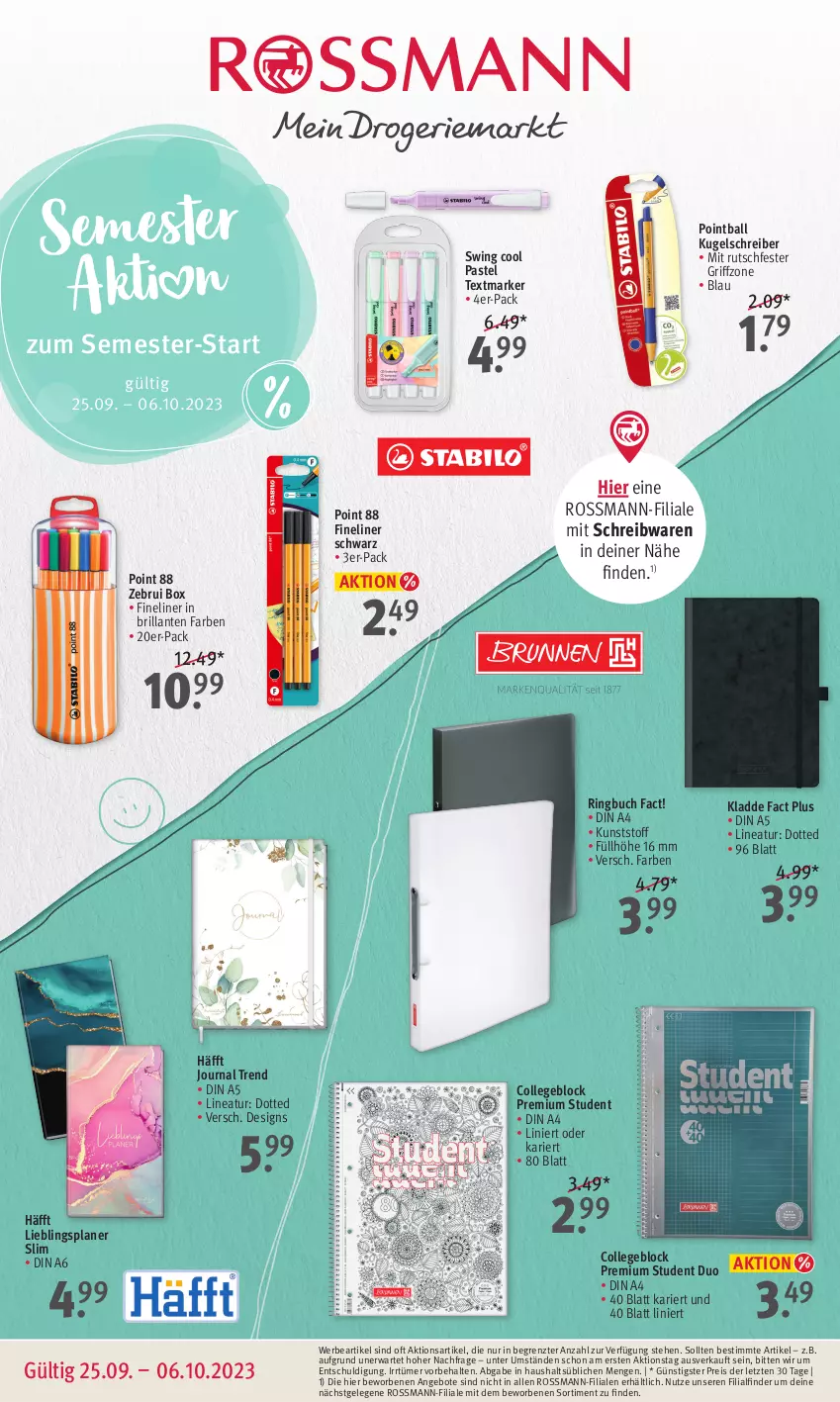 Aktueller Prospekt Rossmann - Prospekte - von 25.09 bis 06.10.2023 - strona 1 - produkty: angebot, angebote, ball, buch, collegeblock, din a4, eis, Fineliner, Kugel, kugelschreiber, reis, ring, schreibwaren, textmarker, Ti, ZTE