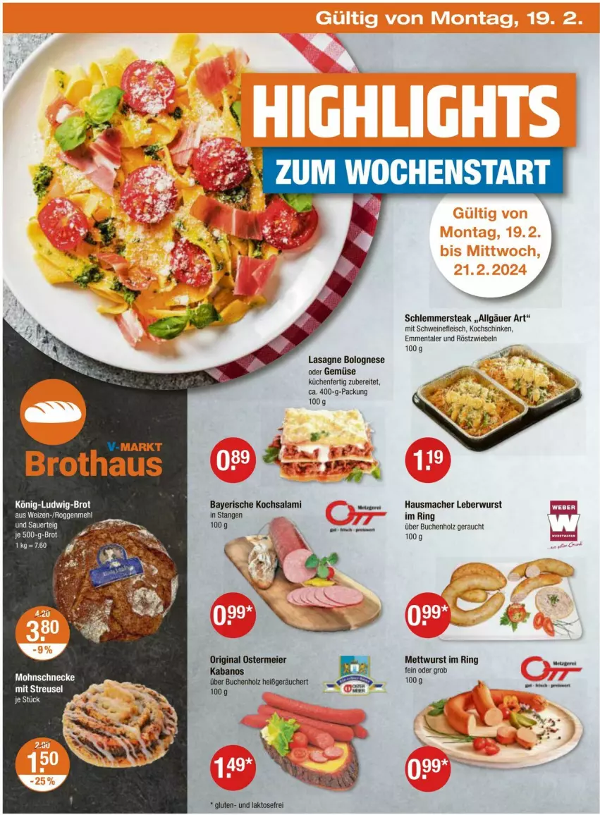 Aktueller Prospekt Vmarkt - Prospekte - von 15.02 bis 21.02.2024 - strona 22 - produkty: bolognese, brot, buch, eier, eis, emmentaler, fleisch, gin, Hausmacher, Holz, kabanos, kochschinken, küche, Küchen, lasagne, leberwurst, LG, mac, Mett, mettwurst, Rauch, ring, röstzwiebeln, salami, schinken, schwein, schweine, schweinefleisch, steak, Ti, wein, weine, wurst, zwiebel, zwiebeln