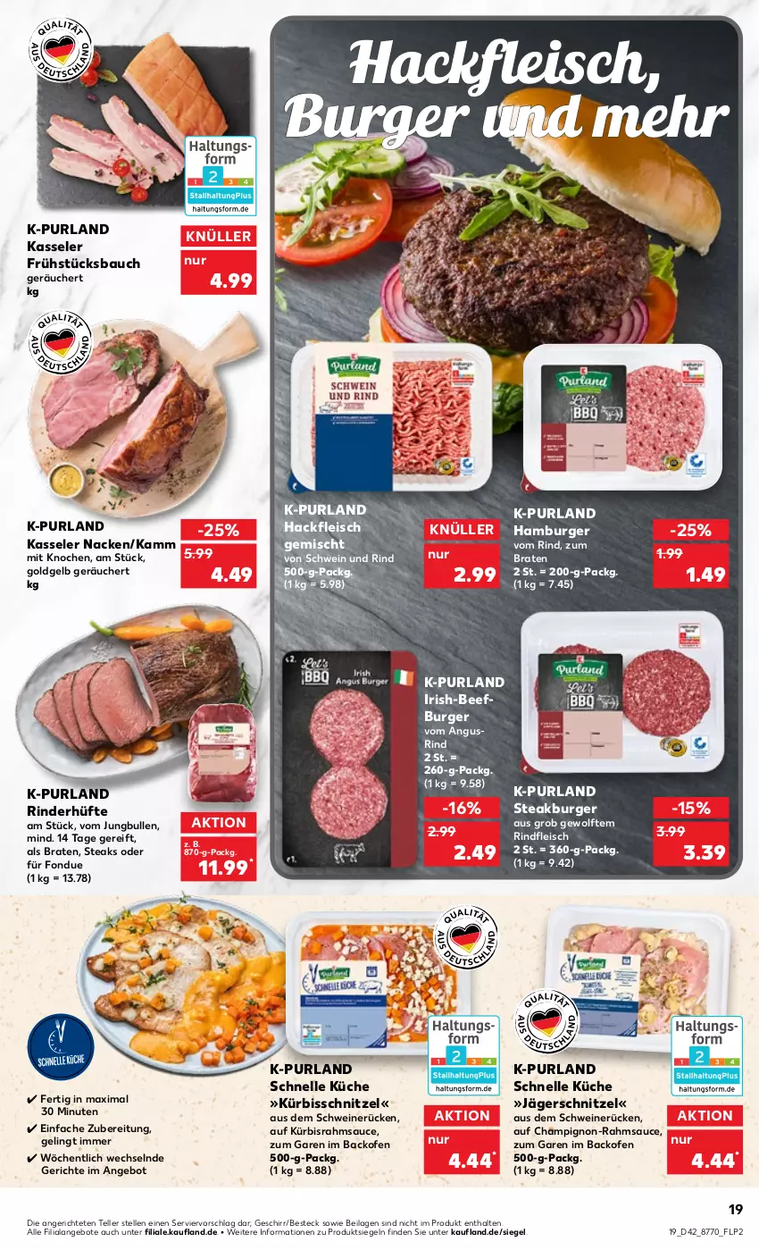 Aktueller Prospekt Kaufland - von 20.10 bis 26.10.2022 - strona 19 - produkty: angebot, angebote, backofen, Bau, beef, besteck, braten, burger, champignon, eis, elle, fleisch, Fondue, geschirr, hackfleisch, hackfleisch gemischt, hamburger, ilag, jungbullen, kasseler, küche, Kürbis, Ofen, purland, rind, rinder, Rinderhüfte, rindfleisch, sauce, schnitzel, schwein, schwein und rind, schweine, schweinerücken, steak, steaks, teller, Ti, wein, weine