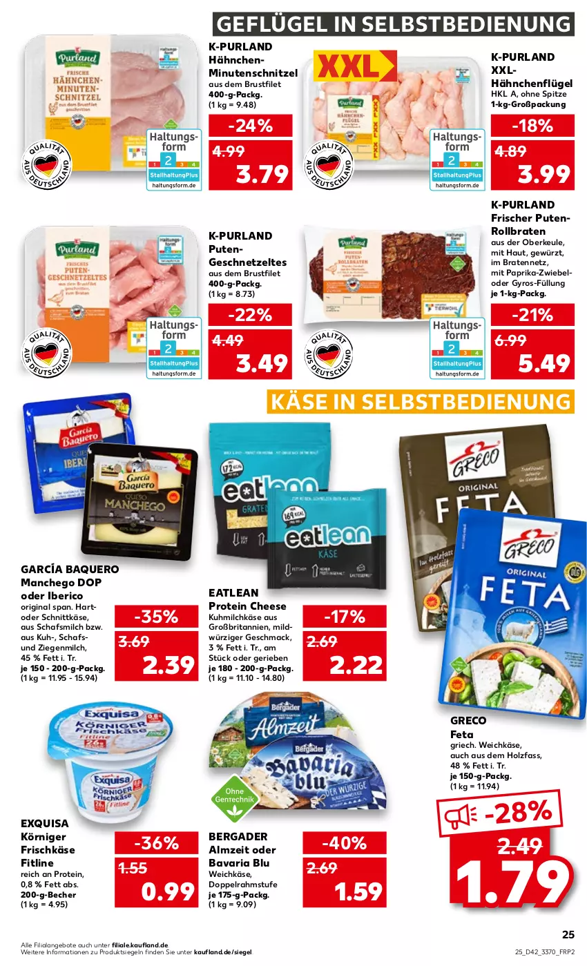 Aktueller Prospekt Kaufland - von 20.10 bis 26.10.2022 - strona 25 - produkty: angebot, angebote, bavaria blu, Becher, bergader, braten, brita, brustfilet, doppelrahmstufe, exquisa, feta, filet, fitline, frischkäse, Geflügel, geschnetzeltes, gewürz, gin, gyros, hähnchenflügel, Holz, Käse, Körniger Frischkäse, mac, Manchego, milch, minutenschnitzel, mit paprika, paprika, purland, pute, Putengeschnetzeltes, Putenrollbraten, Ria, rollbraten, schnittkäse, schnitzel, Ti, weichkäse, Zelt, zwiebel