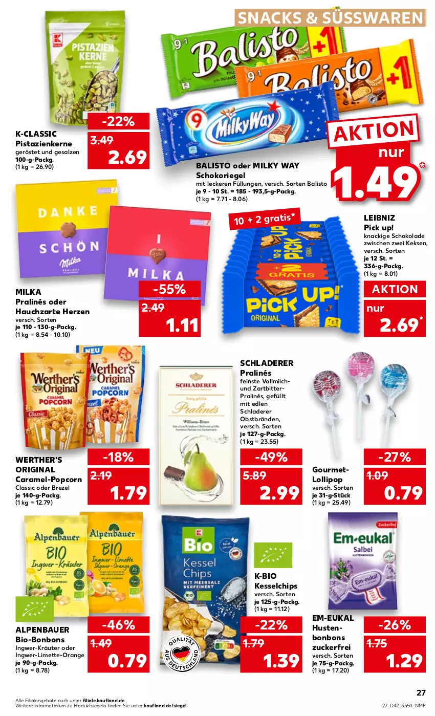 Aktueller Prospekt Kaufland - von 20.10 bis 26.10.2022 - strona 27 - produkty: angebot, angebote, auer, balisto, Bau, Bauer, bio, bonbons, brezel, caramel, chips, gin, Hustenbonbons, ingwer, keks, kekse, kräuter, leibniz, limette, Mett, milch, milka, milky way, obst, orange, Pick Up!, pistazien, popcorn, riegel, salz, Schladerer, schoko, schokolade, schokoriegel, snack, snacks, süsswaren, Ti, vollmilch, werther's, zucker