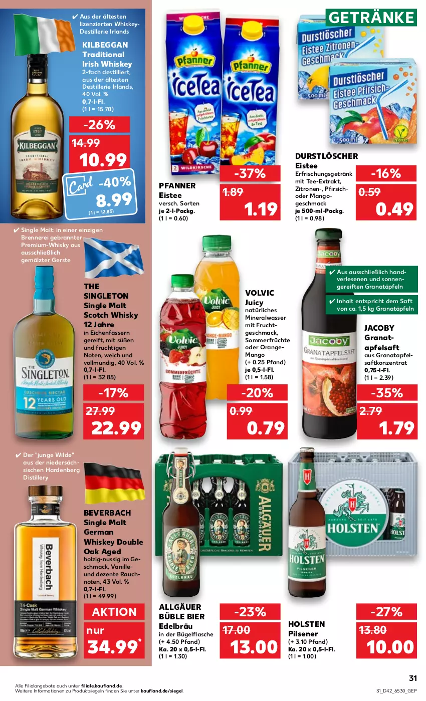 Aktueller Prospekt Kaufland - von 20.10 bis 26.10.2022 - strona 31 - produkty: angebot, angebote, apfel, apfelsaft, bier, bügel, bügelflasche, durstlöscher, eis, eistee, ente, erfrischungsgetränk, flasche, frucht, früchte, Germ, getränk, getränke, grana, granatapfel, Granatäpfel, holsten, holsten pilsener, Holz, irish whiskey, kilbeggan, LG, mac, mango, mit frucht, nuss, orange, pfanne, Pfanner, pfirsich, pils, pilsener, Rana, Rauch, saft, scotch, scotch whisky, single malt, tee, Ti, vanille, volvic, wasser, whiskey, whisky, Wild, zitrone, zitronen, ZTE