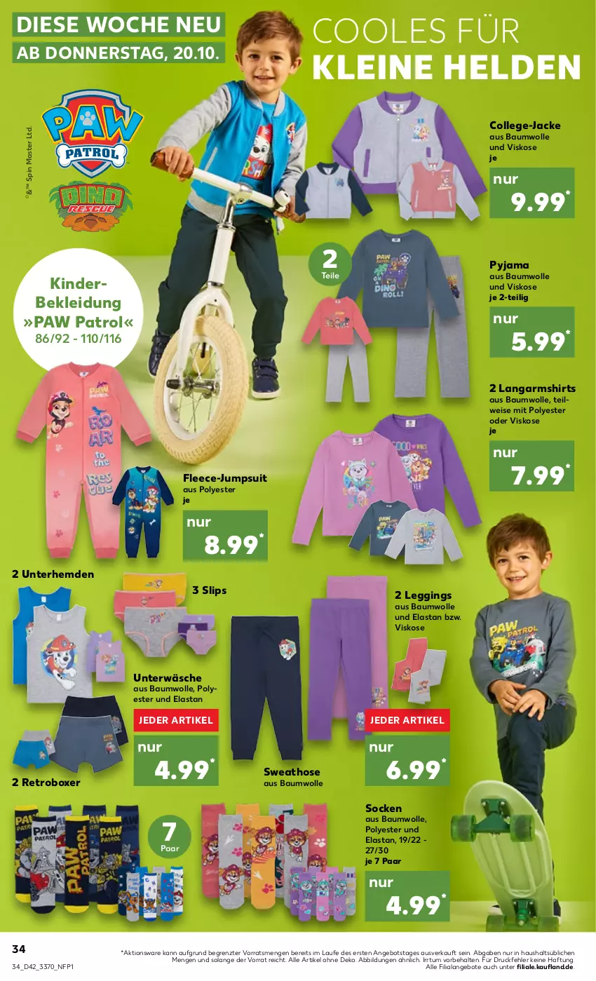 Aktueller Prospekt Kaufland - von 20.10 bis 26.10.2022 - strona 34 - produkty: angebot, angebote, Bau, baumwolle, eis, gin, hemd, hemden, hose, Jacke, jumpsuit, Kinder, kleid, Kleidung, Langarmshirt, leggings, leine, Paw Patrol, Pyjama, shirt, shirts, slip, slips, socken, Sweathose, Ti, Unterhemd, unterhemden, Unterwäsche, wolle, ZTE