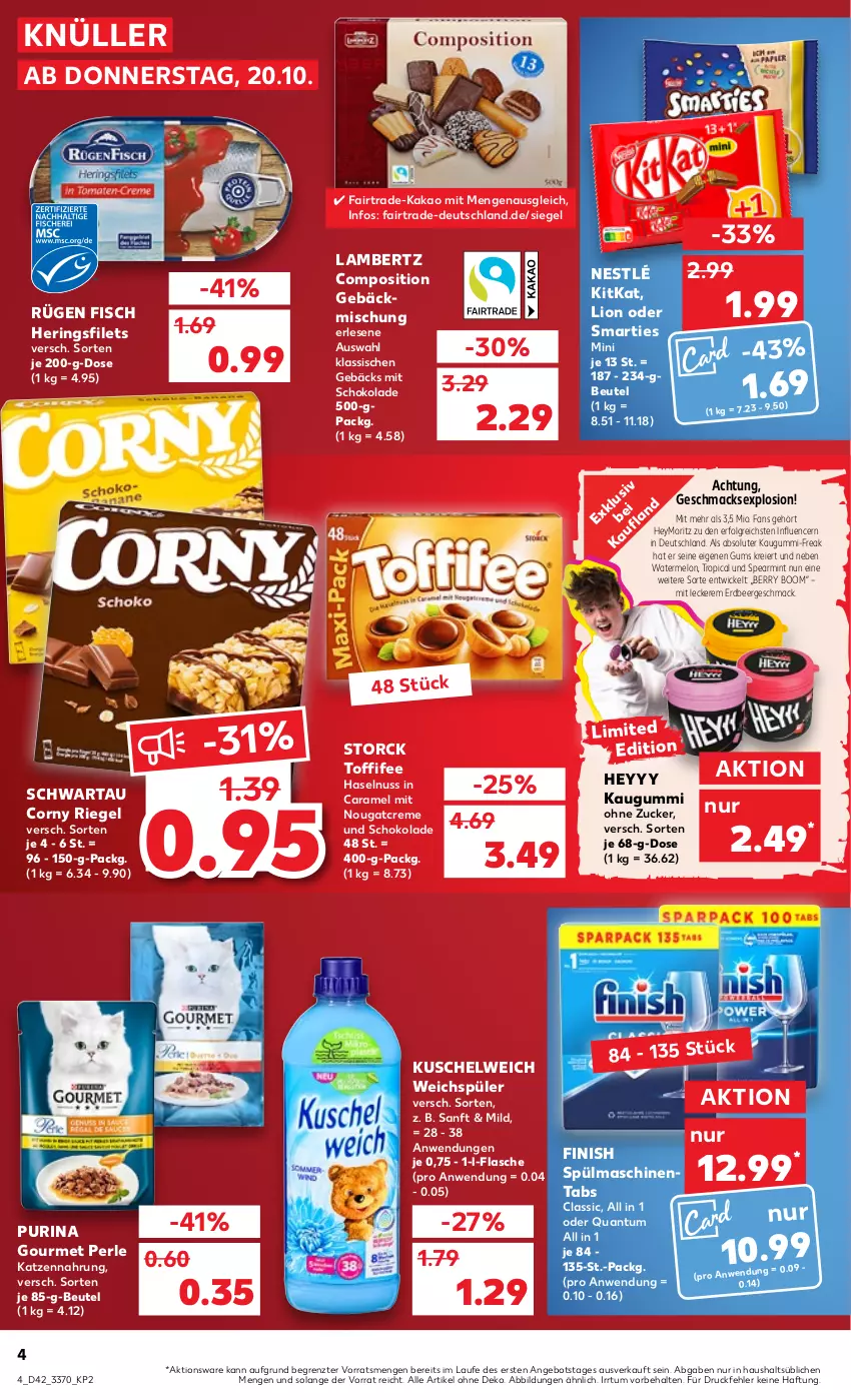 Aktueller Prospekt Kaufland - von 20.10 bis 26.10.2022 - strona 4 - produkty: Amber, angebot, beutel, caramel, corny, creme, eier, filet, filets, Finish, fisch, flasche, gebäckmischung, haselnuss, hering, Herings, heringsfilets, kakao, katzennahrung, kaugummi, kitkat, Kuschelweich, lambertz, LG, lion, mac, mint, nestlé, Nougatcreme, nuss, purina, riegel, ring, schoko, schokolade, Schwartau, smarties, spülmaschinen, spülmaschinentabs, storck, Ti, toffifee, weichspüler, WICK, ZTE, zucker