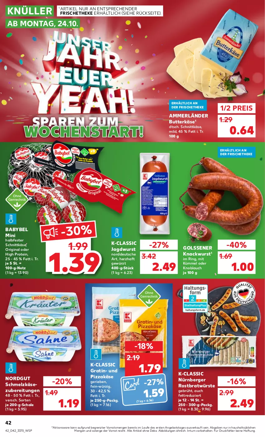 Aktueller Prospekt Kaufland - von 20.10 bis 26.10.2022 - strona 42 - produkty: ammerländer, angebot, babybel, Berger, butter, butterkäse, eis, gewürz, gin, halbfester schnittkäse, jagdwurst, Käse, knoblauch, merl, nürnberger, pizza, reis, ring, Schal, Schale, Schmelzkäse, schmelzkäsezubereitung, schnittkäse, Ti, wurst, ZTE