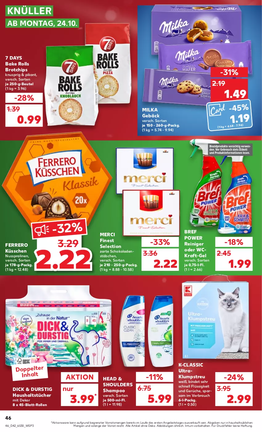 Aktueller Prospekt Kaufland - von 20.10 bis 26.10.2022 - strona 46 - produkty: angebot, beutel, Bref, bref power, brot, chips, ferrero, Ferrero Küsschen, haushaltstücher, klumpstreu, kraft, merci, milka, nuss, pralinen, Rauch, reiniger, schoko, schokolade, schokoladen, shampoo, Ti, tücher, ZTE