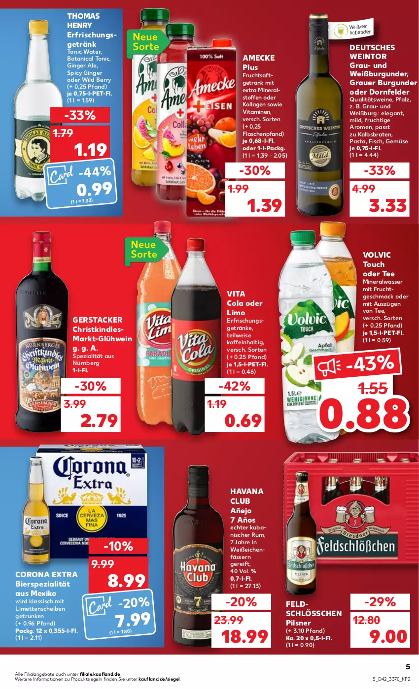 Aktueller Prospekt Kaufland - von 20.10 bis 26.10.2022 - strona 5 - produkty: Alwa, amecke, angebot, angebote, auer, bier, braten, burgunder, cola, corona, corona extra, dornfelder, eis, erfrischungsgetränk, erfrischungsgetränke, fisch, flasche, frucht, fruchtsaft, fruchtsaftgetränk, getränk, getränke, gin, ginger, ginger ale, Glühwein, grauer burgunder, Havana Club, Kindle, Kollagen, limette, limetten, limo, mac, Mett, metten, mineralwasser, mit frucht, pasta, pils, pilsner, qualitätswein, qualitätsweine, rum, saft, Spezi, tee, thomas henry, Ti, tonic, tonic water, vita, Vita C, Vitamine, volvic, wasser, wein, weine, Weißburgunder, Weißwein, Wild, wild berry