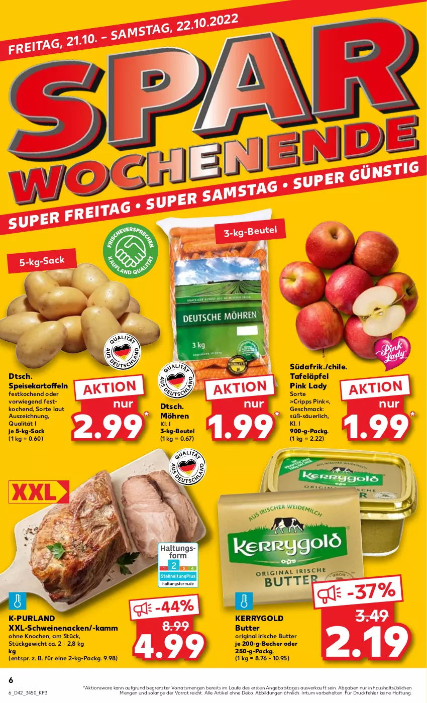 Aktueller Prospekt Kaufland - von 20.10 bis 26.10.2022 - strona 6 - produkty: angebot, Becher, beutel, butter, eis, gin, irische butter, kartoffel, kartoffeln, kerrygold, mac, möhren, Pink Lady, purland, sac, schwein, schweine, schweinenacken, speisekartoffeln, tafeläpfel, Ti, wein, weine, ZTE