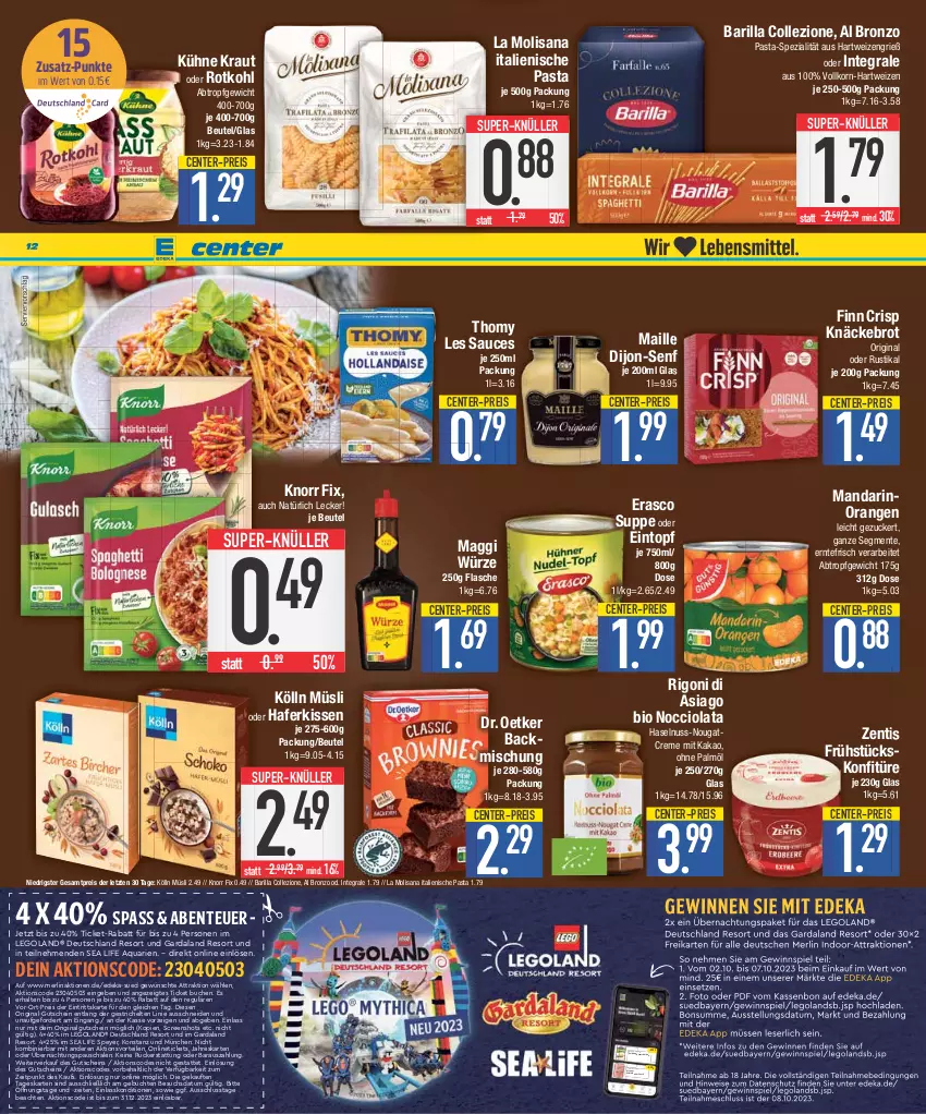 Aktueller Prospekt Edeka - Angebote der Woche - von 02.10 bis 07.10.2023 - strona 12 - produkty: aqua, backmischung, barilla, beutel, bio, brot, buch, coupon, creme, deka, dijon-senf, Dr. Oetker, eintopf, eis, ente, erasco, flasche, gin, gutschein, hafer, hartweizen, haselnuss, isana, italienische pasta, kakao, Käse, kissen, knäckebrot, knorr, knorr fix, kölln, konfitüre, korn, Kraut, Kühne, LG, maggi, maggi würze, maille, Manner, merl, müsli, Nougatcreme, nuss, ohne palmöl, orange, orangen, pasta, reis, rotkohl, sana, sauce, Schal, Schale, senf, snack, speyer, Spezi, super-knüller, suppe, thomy, thomy les sauces, Ti, topf, waffeln, zentis, ZTE, zucker