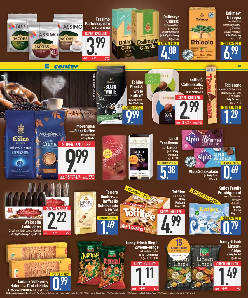 Aktueller Prospekt Edeka - Angebote der Woche - von 02.10 bis 07.10.2023 - strona 13 - produkty: alpia, ball, beutel, bio, bohne, bohnen, chips, dallmayr, eis, Elan, elle, ente, ferrero, Ferrero Rocher, frucht, fruchtgummi, funny-frisch, hafer, honig, kaffee, kaffeekapseln, katjes, keks, korn, kuchen, lack, Lebkuchen, leibniz, lindor, lindt, linsen, mandel, mandeln, mövenpick, raffaello, reis, ring, schoko, schokolade, sim, super-knüller, tassimo, Tchibo, Ti, toblerone, toffifee, ZTE