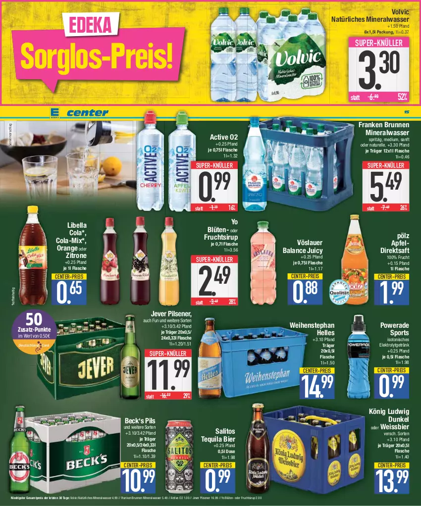 Aktueller Prospekt Edeka - Angebote der Woche - von 02.10 bis 07.10.2023 - strona 15 - produkty: Alwa, apfel, Apfeldirektsaft, auer, bier, Blüte, brunnen, cola, deka, direktsaft, eis, Elektro, elle, ente, flasche, franken brunnen, frucht, getränk, jever, jever pilsener, mineralwasser, natur, natürliches mineralwasser, orange, pils, pilsener, reis, rel, saft, sirup, Sport, super-knüller, tequila, Ti, volvic, volvic natürliches, vöslauer, wasser, weihenstephan, weissbier, Yo, zitrone, ZTE