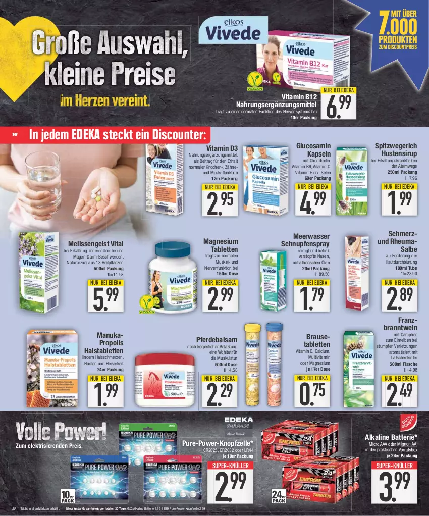 Aktueller Prospekt Edeka - Angebote der Woche - von 02.10 bis 07.10.2023 - strona 16 - produkty: balsam, batterie, brause, Brausetabletten, Calcium, deka, discount, eis, elkos, elle, ente, erde, Erkältungs, flasche, Glucosamin, Heu, magnesium, Meerwasser, natur, natura, nuk, pflanze, pflanzen, Propolis, reis, sirup, super-knüller, tablet, tablett, Tablette, Ti, tisch, topf, vita, Vitamin B, Vitamin C, Vitamin D, wasser, wein, ZTE