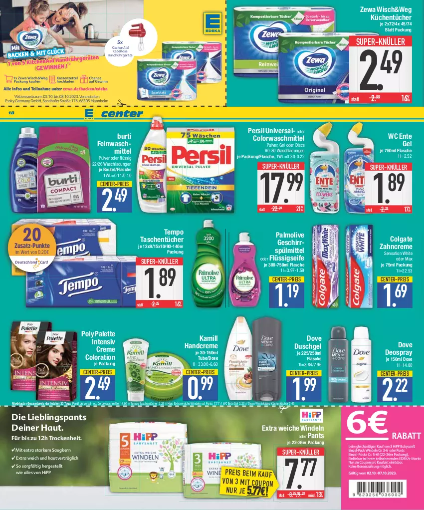 Aktueller Prospekt Edeka - Angebote der Woche - von 02.10 bis 07.10.2023 - strona 18 - produkty: beutel, burti, colgate, colorwaschmittel, creme, deo, deospray, dove, duschgel, eis, ente, feinwaschmittel, flasche, flüssigseife, geschirr, geschirrspülmittel, handcreme, hipp, Kamill, KitchenAid, küche, Küchen, küchentücher, LG, olive, Palette, palmolive, Pants, persil, reis, Seife, spülmittel, super-knüller, Tasche, taschen, taschentücher, Tempo, Ti, tücher, waschmittel, wc ente, windeln, windeln oder pants, zahncreme, zewa, ZTE